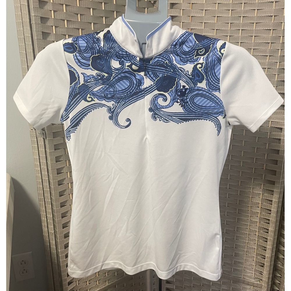 EP New York Women's Golf Polo Small White Blue Paisley Quarter‎ Zip Mock Neck